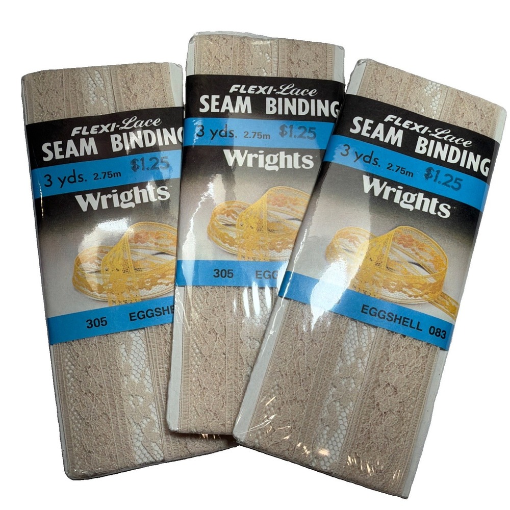 Vintage Wrights Flexi-Lace Seam Binding 1986 Eggshell 083 NEW Sealed Lot Of 3